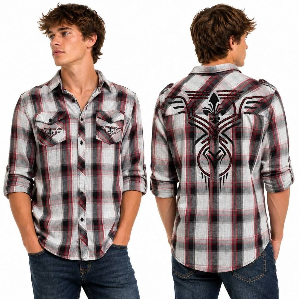 Machine Plaid Button Shirt Embroidered Western M